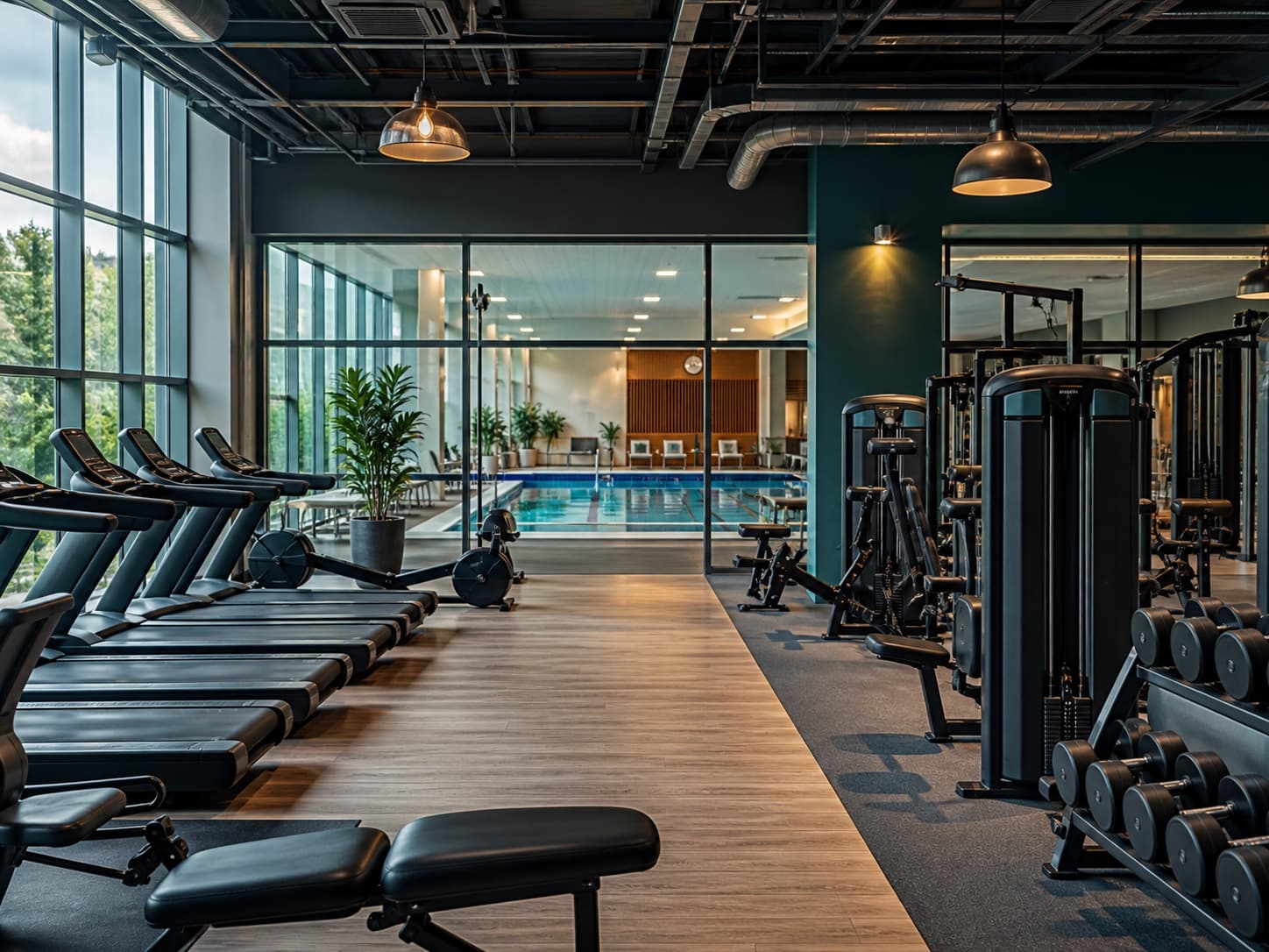 A modern leisure centre gym with fitness equipment and an indoor pool