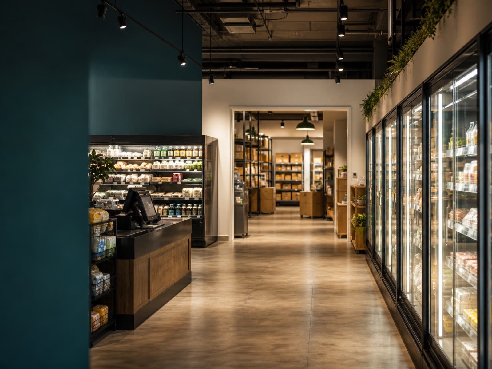 A modern retail store with refrigerated displays and a checkout area